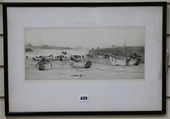 William Lionel Wyllie, etching, Marconi Radio station, Cullercoats, signed in pencil, 16 x 38cm